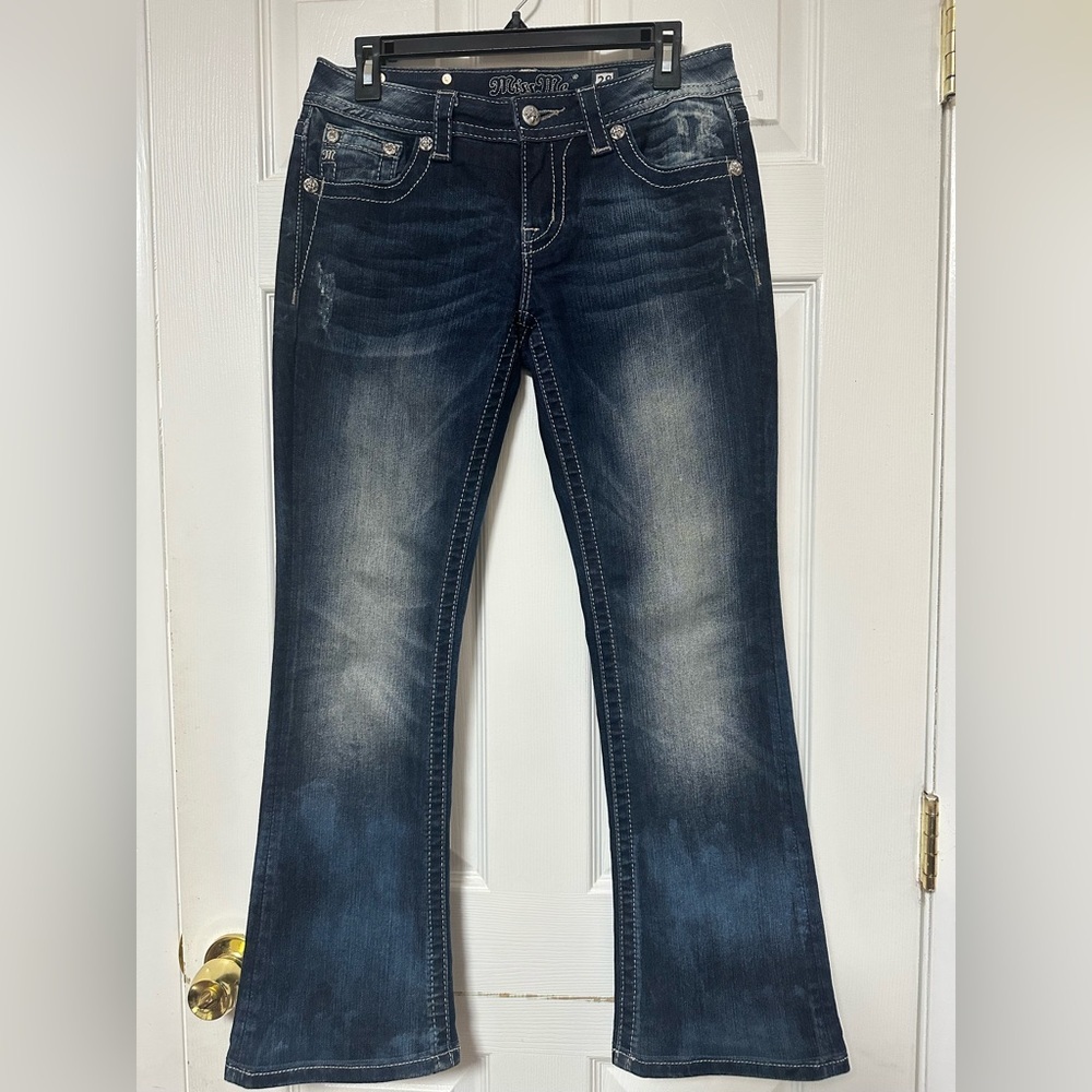 Miss Me Signature Rise boot cut denim jeans Rhinestone women’s sz 28